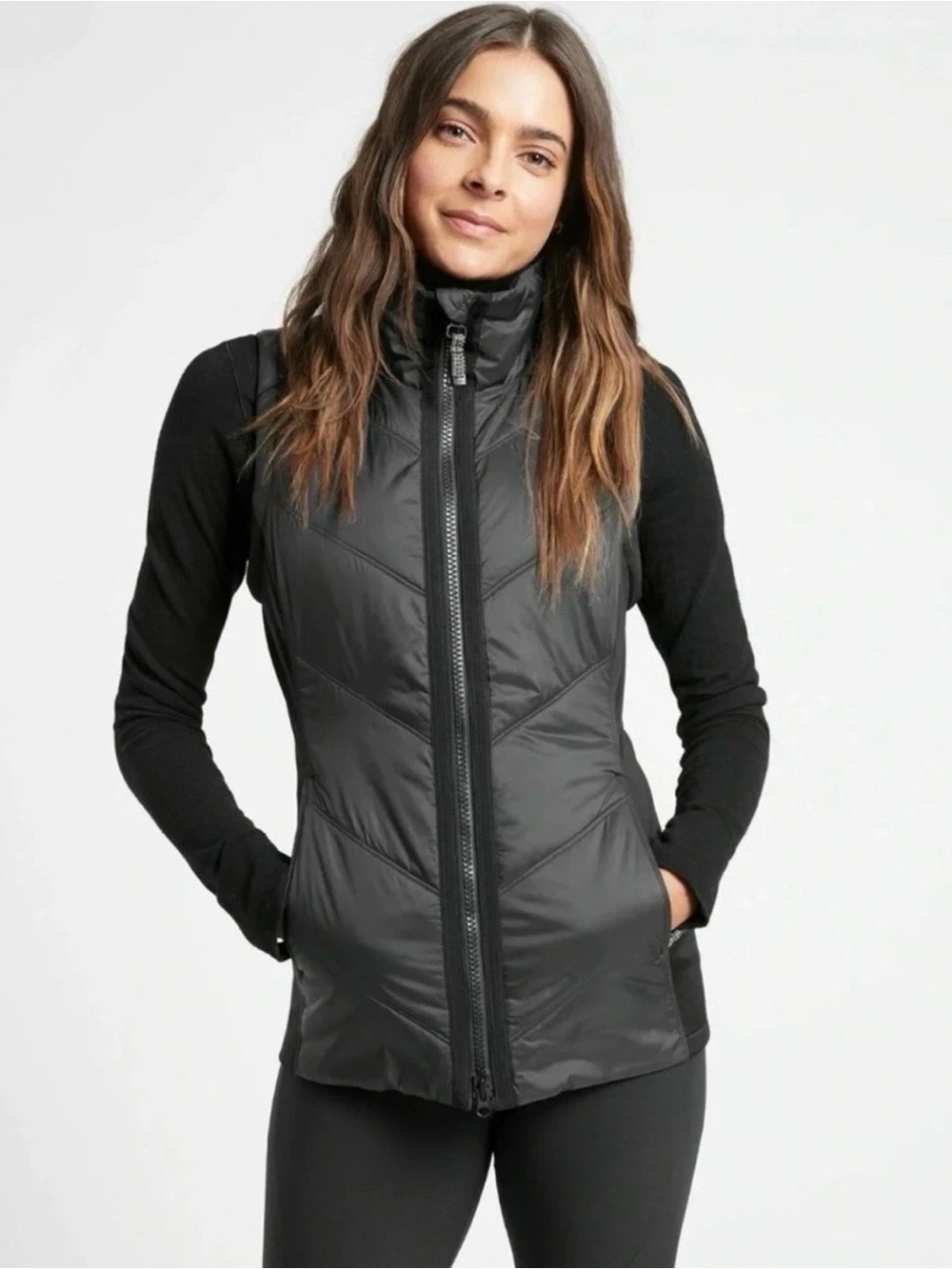Athleta Rock Ridge Primaloft Puffer Vest Full Zip Black Stretch Sides Women M